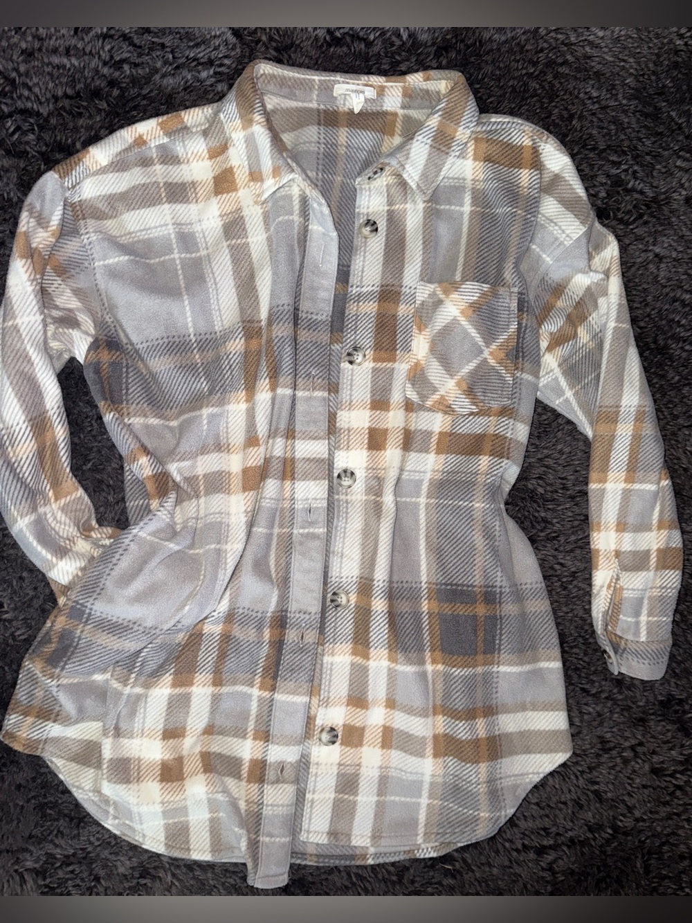 Women’s Plaid Button-Down Fleece Shacket in Gray and Brown
